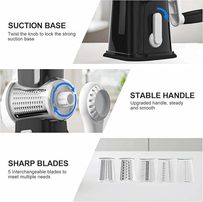 Ourokhome Rotary Cheese Grater Cheese Shredder with 5 Interchangeable Blades, Rotary Grater with Non-slip Suction Base Hand Crank Slicer for Vegetable Nuts Black