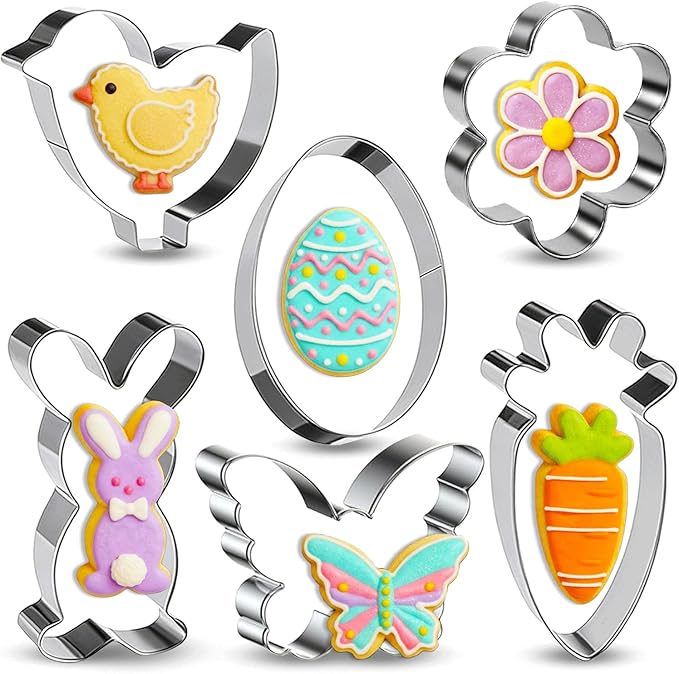 Easter Cookie Cutters 6 Pieces Metal cookie cutters Stainless Steel Sets Egg, Rabbit, Carrot, Chick, Butterfly, Daisy Shapes Cookie Cutter for Spring Holiday Baking