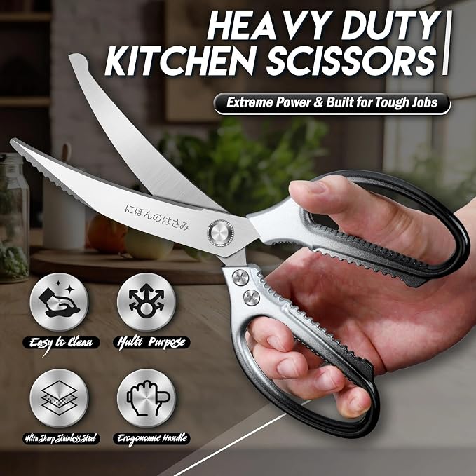 TIJERAS Kitchen Scissors Set Black - Stainless Steel Kitchen Shear, Sharp Meat Scissors Dishwasher Safe, Heavy Duty Poultry Shears, Japanese Cooking Scissor for Food, Chicken, Gifts for Women