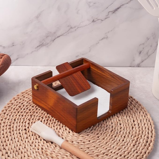 Natural Acacia Napkin Holder for Table, Napkin Dispenser, Decorative Beverage Napkin Holder for Kitchen, Home,Bar (Natural)