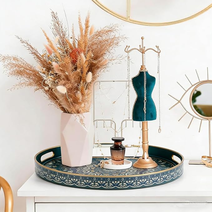 Round Serving Tray with Handles - Large Round Ottoman Tray Coffee Table Tray,Plastic Decorative Serving Trays for Coffee Table,Round Boho Tray for Ottoman Living Room