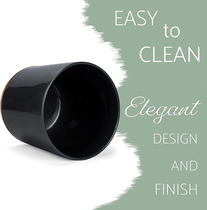 Glossy X-Large Ceramic Stoneware Cork Bottom Kitchen Utensil Holder, Black