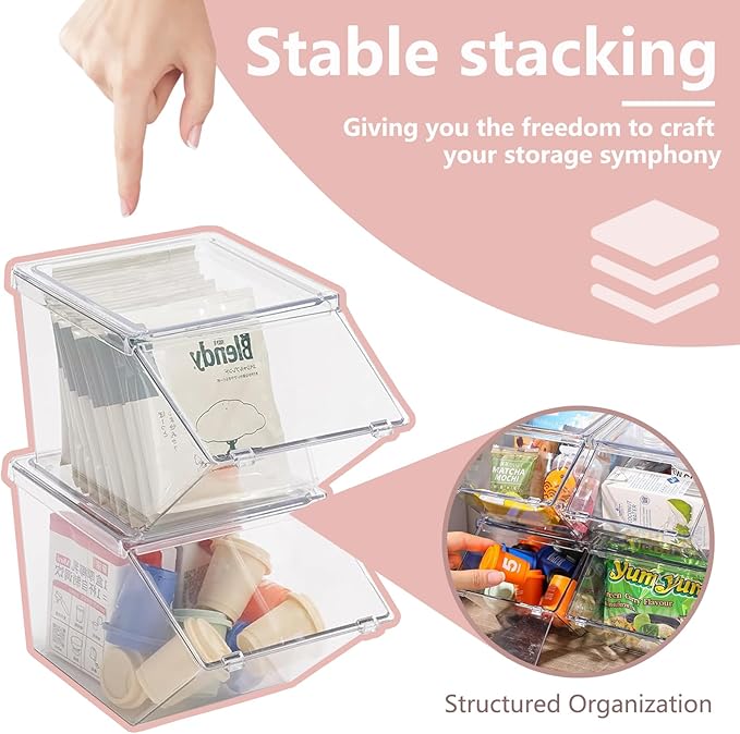Stackable Tea Bag and Coffee Pod Organizer with Clear Front Flap, Large Capacity Open Storage Bin for Drink Packets, Snacks and Pantry Organization, BPA-Free Plastic
