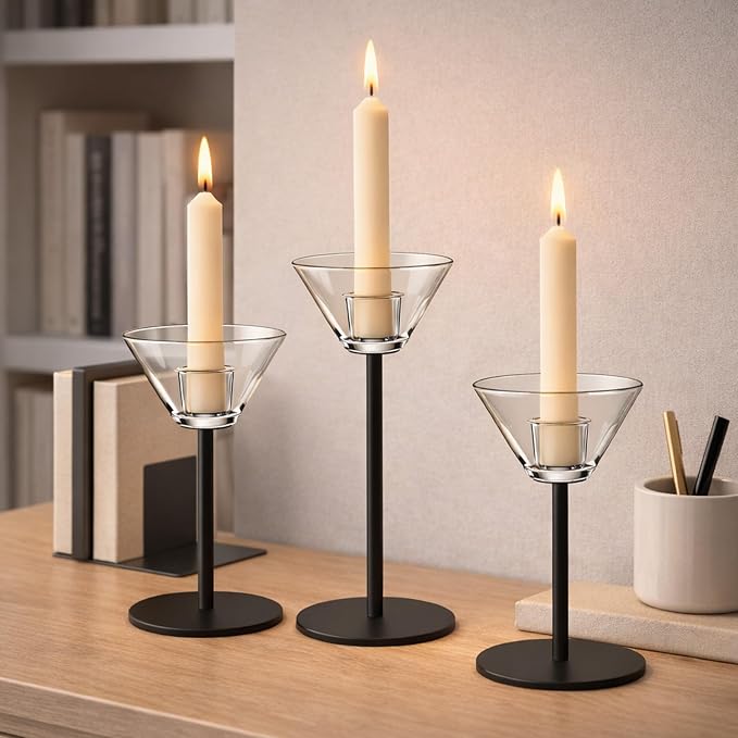 Smytle Clear Glass Taper Candle Holders Set of 3, Transparent Votive Tea Light Candle Holders with Weighted Black Metal Base, Glass Candle Sticks Holder Home Decor for Dining Table, Wedding