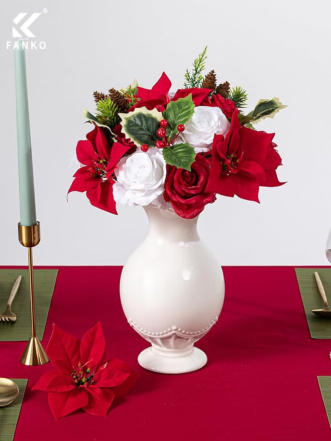 FANKO Artificial Flowers for DIY, Red White Faux Flowers Christmas Style Bouquet, Fake Rose Poinsettias Silk Flowers for Vase, Home Decor, Rustic Wedding, Party, Themed Birthday
