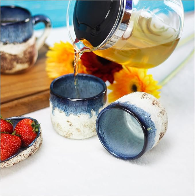 roro Handmade Ceramic Tea Cups Rustic Reactive Blue Glaze, Coastal Beach-Themed Sipper Set of 2, 200ml (6.5oz), Textured Grip, Microwave & Dishwasher Safe