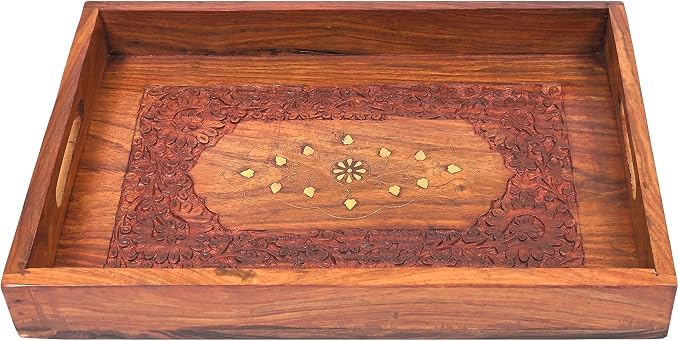 15-Inch Acacia Wood Serving Tray with Handles – Large Rectangular Wooden Ottoman Tray for Breakfast in Bed, Dinner & Coffee Table - Decorative Serving Platter