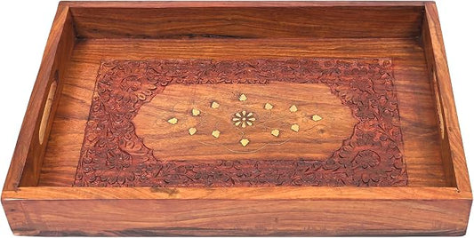 15-Inch Acacia Wood Serving Tray with Handles – Large Rectangular Wooden Ottoman Tray for Breakfast in Bed, Dinner & Coffee Table - Decorative Serving Platter