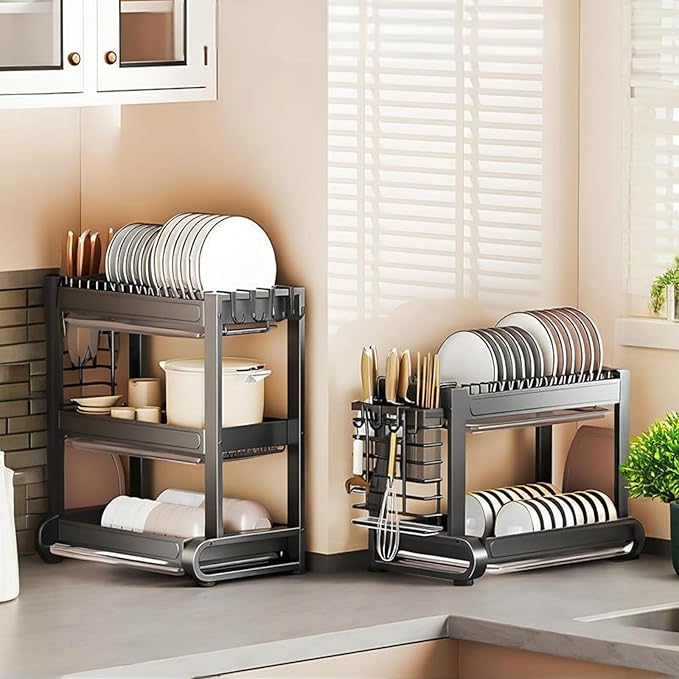 JHDXL Over Sink Dish Drying Rack, 2/3-Tier Stainless Steel Dish Rack, Multifunctional Metal Counter Shelf, Stable Load-Bearing, for Plates, Bowls, and Pots(Black 2,43cm/16.9in)