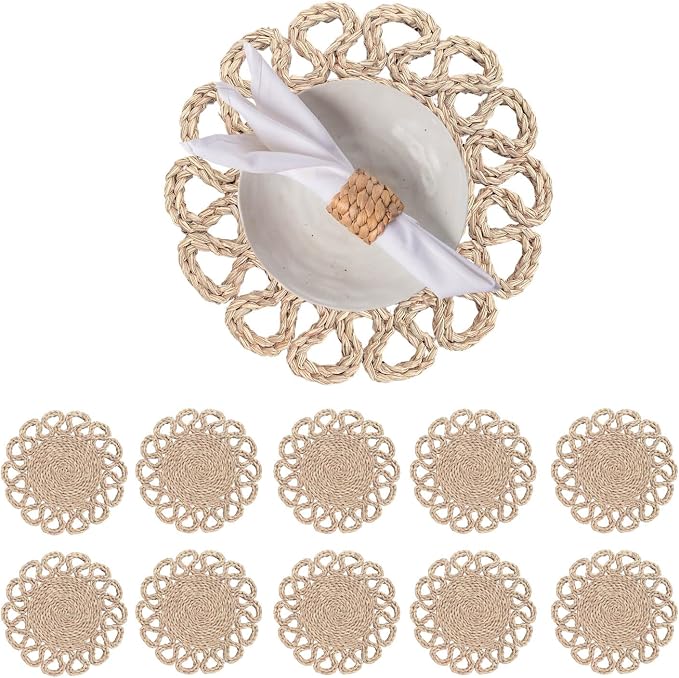 Laquedecraft 13.8" Set of 10 Round Seagrass Placemats | Boho Woven Rattan Table Mats | Farmhouse Wicker Spring Plate Chargers Like Water Hyacinth, Seagrass for Wedding, Party, Christmas, Events