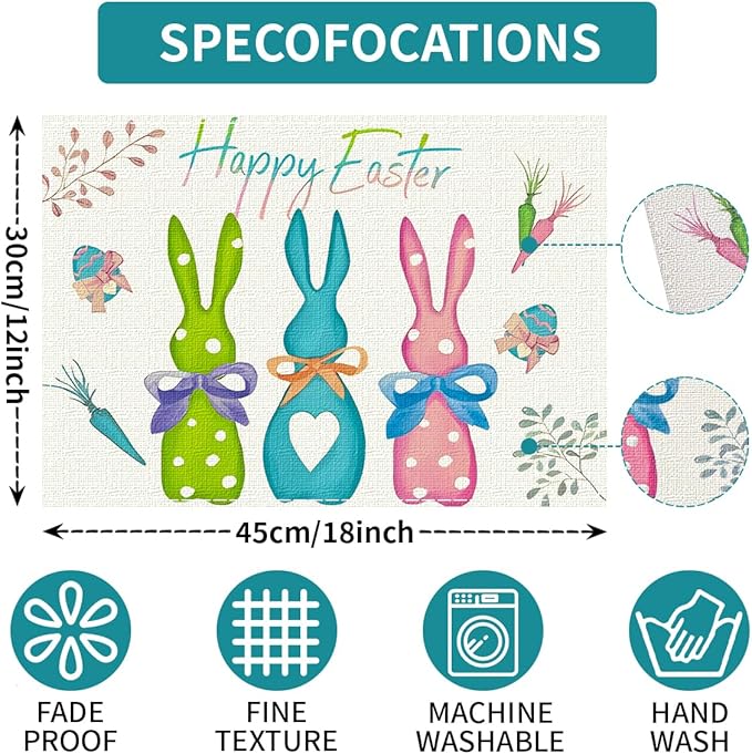 Niviy Green Blue Pink Rabbit Bunny Easter Placemats Set of 6, 12x18 Inch Spring Jesus Easter Table Mats for Holiday Party Kitchen Dining Room Decoration
