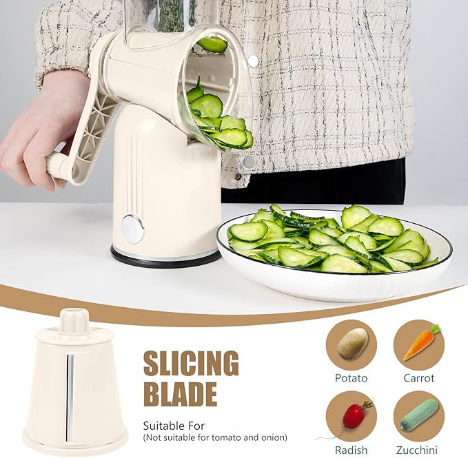 Rotary Cheese Grater with Handle: 5-in-1 Cheese Grater Hand Crank, Strong Suction Base for Fruit Vegetables Nuts with Blade Storage Box (White)
