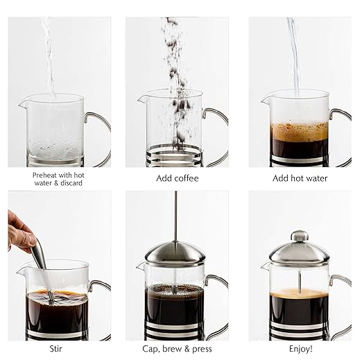 OVENTE French Press Coffee Maker 12 Ounce with Heat Resistant Borosilicate Glass, Stainless Steel Design and 4-Level Filter System, Portable Cold Brewer Pot for Travel, Camping or Gift, Silver FSH12S
