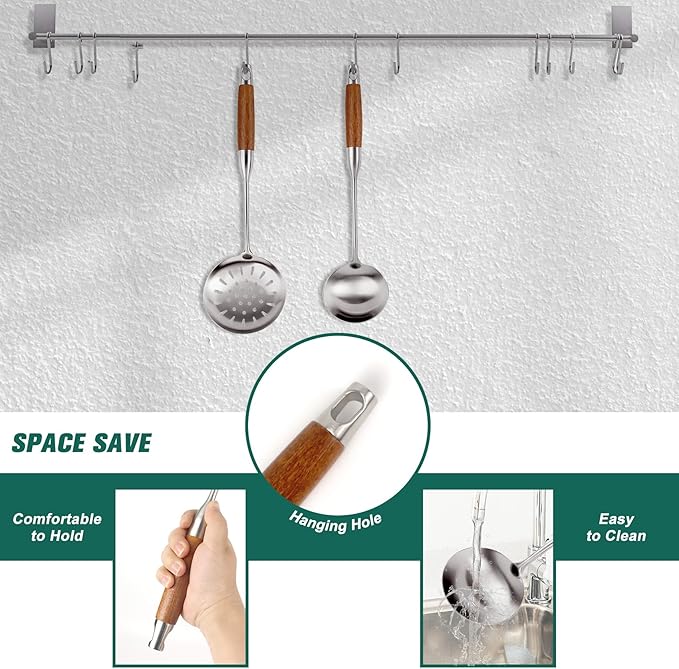 2PCS Soup Ladle Stainless Steel and Slotted Spoon Set, 304 Wok Utensils Set with Wooden Handle, Metal Strainer Spoon for Cast Iron/Carbon Steel Wok