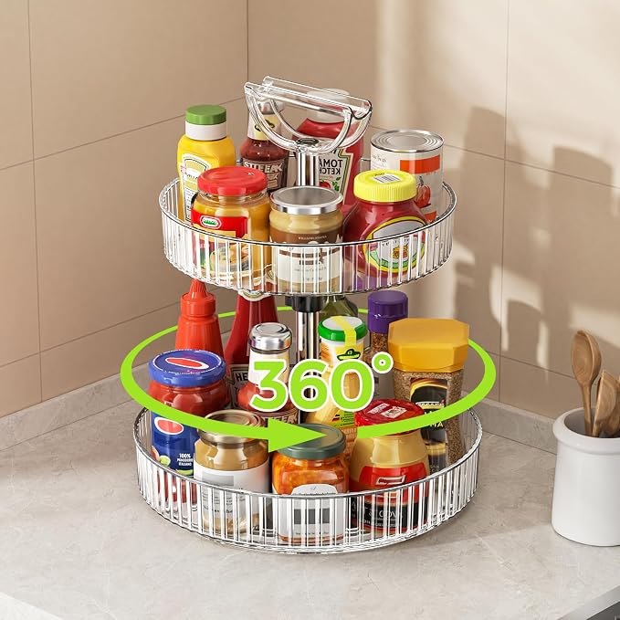 2-Tier Rotating Organizer with Handle – Adjustable Shelf, 360° Lazy Susan Turntable for Kitchen Countertop, Bathroom, Pantry – Multi-Functional Storage for Spices, Cosmetics, Snacks, Fruits