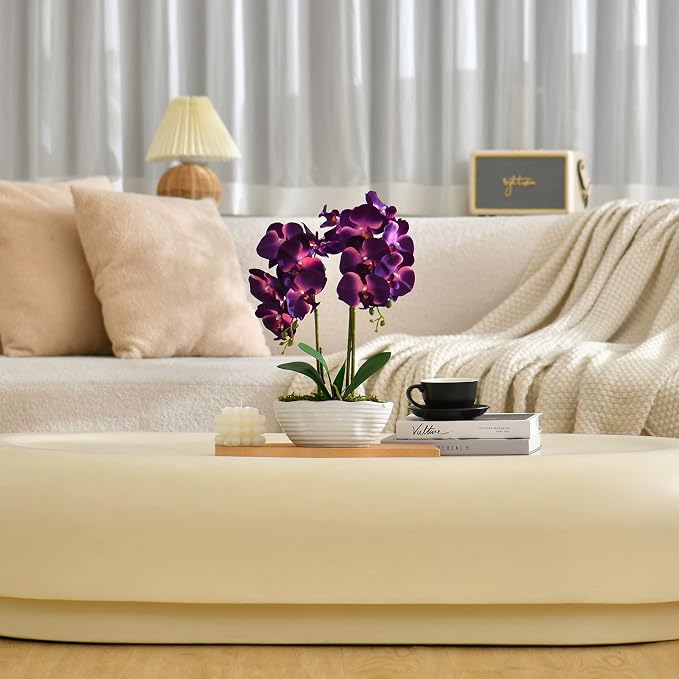 Large Artificial Potted Orchid Plant, Silk Flower Arrangement with Ceramics Vase, Dark Purple