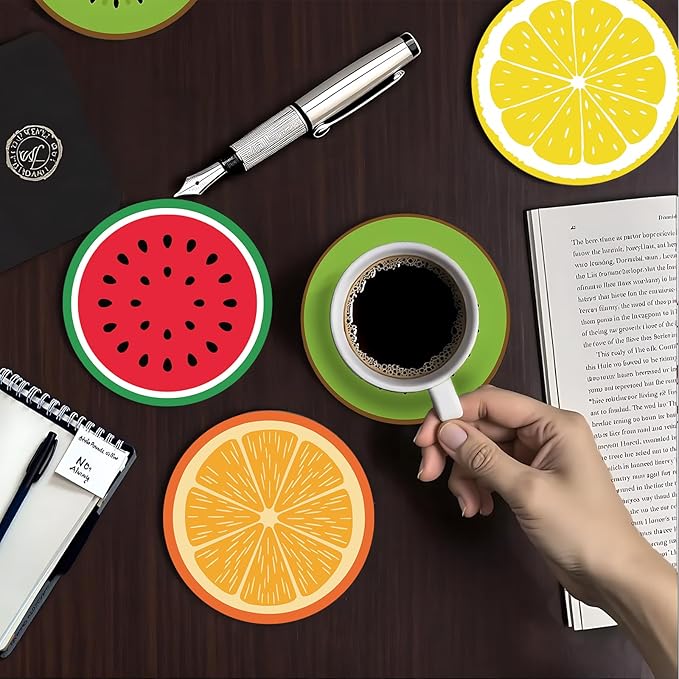 zcyhtqp Funny Absorbent Round Ceramic Stone Coasters Set of 4 with Cork Base, Funny Fruits Design for Home, Kitchen, Bar, Coffee Table, Office Table Decor