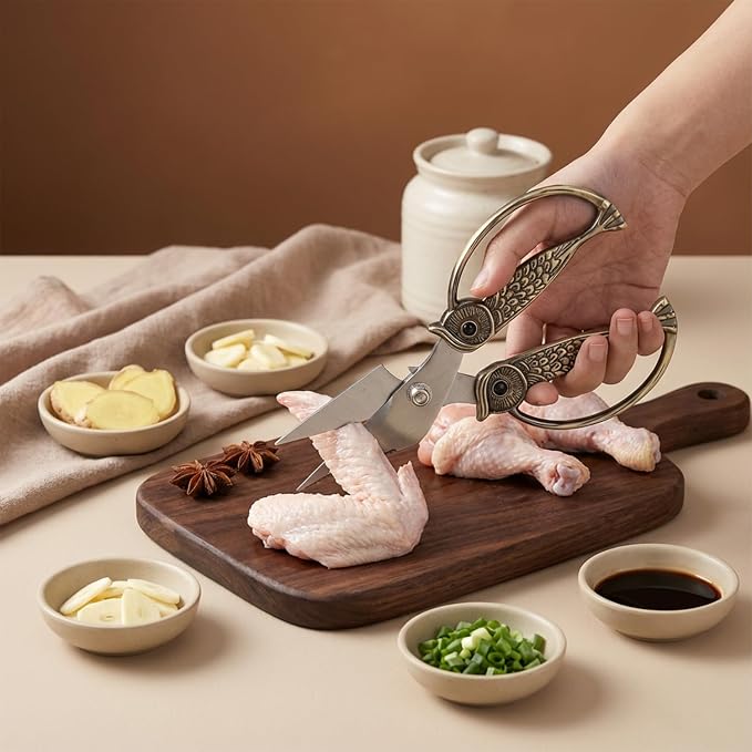 WARMHEART Owl Kitchen Scissors All Purpose, Stainless Steel Heavy Duty Sharp Shears for Meat, Chicken, Fish, Poultry, Herb, Bread (Rose gold, Large)