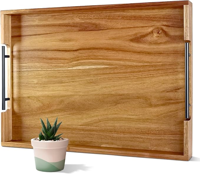 22 inches Acacia Wood Rectangular Ottoman Serving Tray with Metal Handles | Large Decorative Wooden Tray for Living Room Kitchen Coffee Table Couch Bed