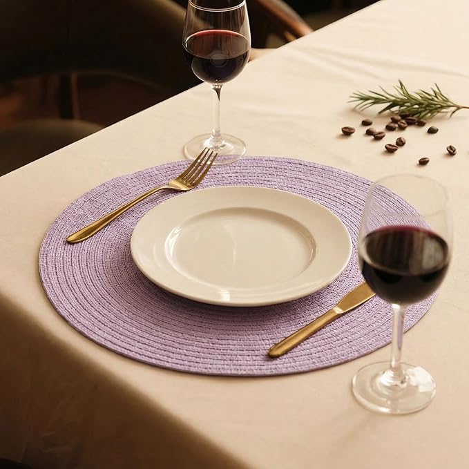 FunWheat Round Braided Placemats Set of 6 Place mats for Dining Tables Woven Heat Resistant Table Mats 15 inch (Light Purple,6pcs)