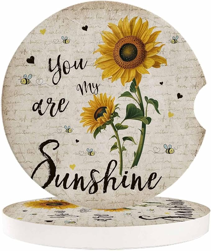 Small Car Coasters for Cup Holders 2.65" Absorbent 2 Pack Car Coaster Ceramic Stone for Drinks Absorb Water Drops Sunflowers You are My Sunshine