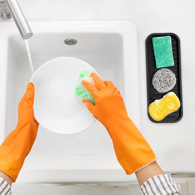 Zulay Kitchen (9x3.5) Silicone Sponge Holder for Kitchen Sink - Flexible Multipurpose Soap Tray Sponge Holder - Sink Organizer Tray for, Bathroom, Makeup, Trinkets & More (Black)