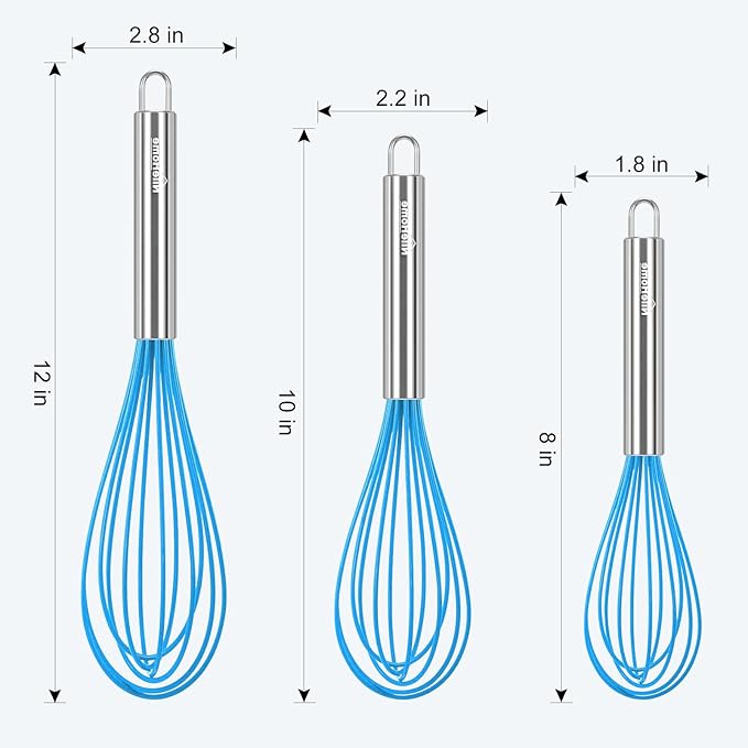 NileHome Whisk Commercial Stainless Steel wisk & Silicone Non-Stick Coated Small Whisk Set 8" 10" 12" Kitchen Wisk Wire Whisks for Cooking 3 Pack, Bule