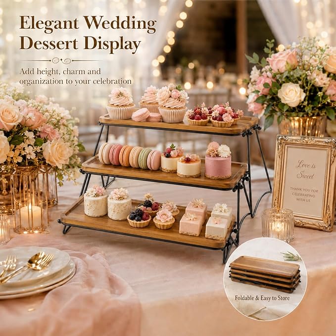 RHBLME Tiered Tray Stand, Acacia Wood Dessert Table Display Set, 3 Tier Cupcake Stand and Towers Serving Tray for Party, Decorative Tiered Tray Rustic Wood Serving Platters and Trays