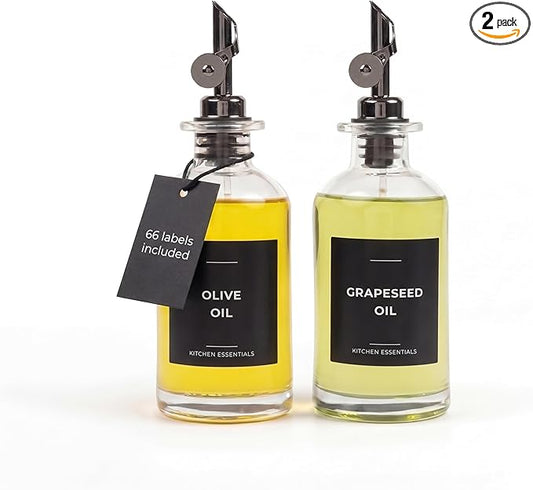 Spaceneat Oil Dispenser for Kitchen - Glass Olive Oil Bottle Set of 2 (11.8oz) with Black Weighted Self-Closing Pourer - Cooking Oil Dispenser with 66 Labels, Aligner & Funnel