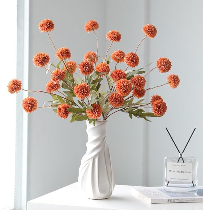 10pcs Faux Orange Kiku Flowers, 5 Heads Each Stem & 4 Branches Eucalyptus Stems, Artificial Small Mini Chrysanthemum Flowers for Aesthetic Room Decor, Floral Arrangements Centerpiece