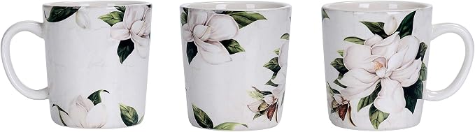 Bico Magnolia Floral Ceramic Coffee Mugs Set of 4, 18 oz Large Tea Cups with Handle, Aesthetic Latte Mugs for Cappuccino Cocoa, Lead-Free, Dishwasher and Microwave Safe, Housewarming Gift