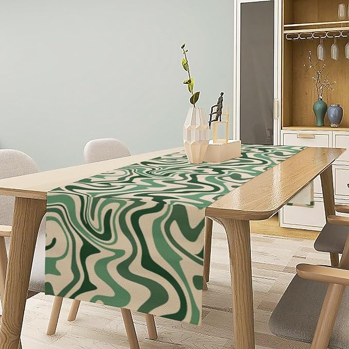 Retro 70s Groovy Table Runner,Vintage Abstract Modern Art Green Boho Spiral Swirl Waves Farmhouse Country Dinner Runner for Home Kitchen Dining Table Party Holiday Decor 13"x60"
