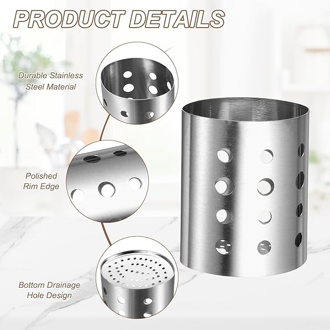 uxcell Kitchen Utensil Holder, 4.6x5.5 Stainless Steel Utensil Cutlery Holder Oval Flatware Organizer with Drain Hole for Kitchen Restaurant Countertop Straw, Spoon, Chopstick, Silver