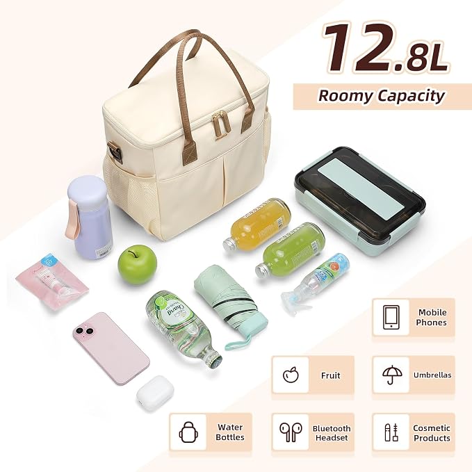 MDODO Large Insulated Lunch Bags for Women Men Adult Lunch Box with Shoulder Strap for Work,Picnics,Outings (Beige)