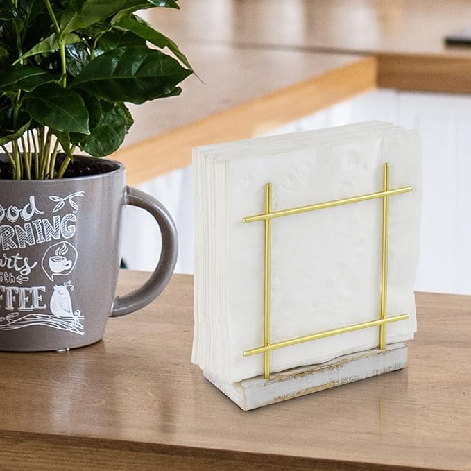 MyGift Shabby Whitewashed Wood Base Napkin Holders, Brass-Tone Metal Dispenser for Dining Table & Cocktail Serviette, Kitchen/Dining Accessories for Home/Café