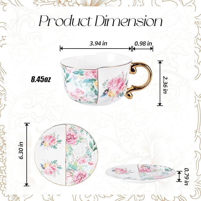 KAMMAK Tea Cups and Saucers Set of 2, Fine Bone China Coffee Cups, 8.45-Ounce Stackable Espresso Mugs, Ceramic Demitasse for Coffee, Cappuccino, Latte, Americano, Tea, Peony + Parrot