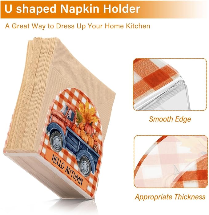 Napkin Holder Acrylic Cocktail Napkin Holder for Table Kitchen Party Restaurant Bar U Shaped Upright Napkin Dispenser Organizer Fall Truck Pumpkins Maple Leaves