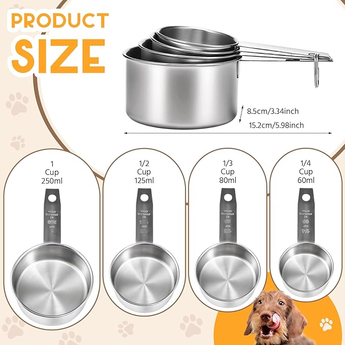 4 Pcs Dog Cat Food Scoop Stainless Steel Measuring Cup Set 1, 1/2, 1/3, 1/4 Cup Pet Measuring Cups for Dog Cat Dry Metal Food Storage Liquid Scoop for Kitchen Coffee Cooking Dishwasher