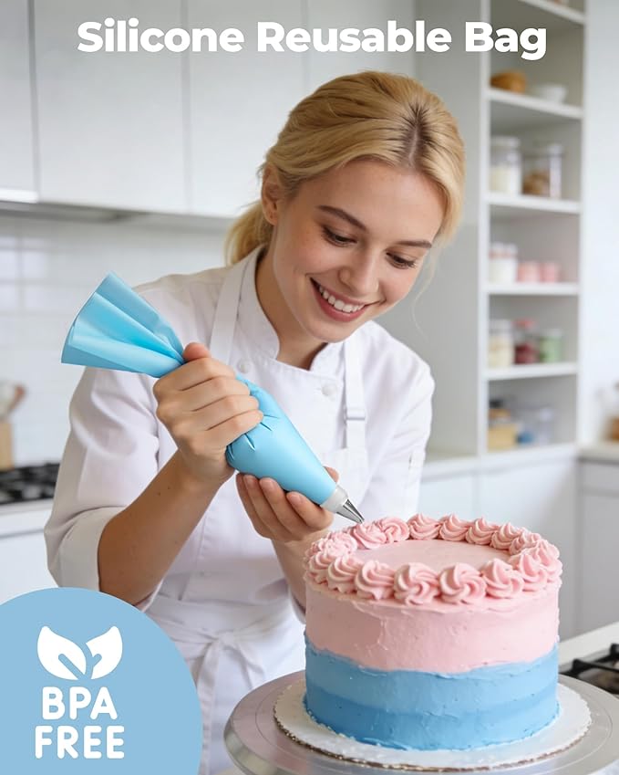 Kootek 124Pcs Icing Piping Bags and Tips Set, Cake Decorating Kit with 100 Anti Burst Piping Bags 12 Inch, 16 Icing Tips, Reusable Pastry Bag, 3 Scrapers, 2 Couplers, 2 Bag Ties (Blue)