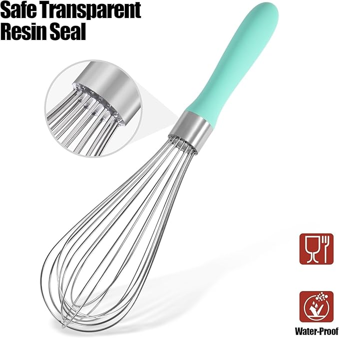 18/8 Stainless Steel Balloon Whisk, Kitchen Whisk for Cooking Handheld Egg Beater with Rust-Proof Sturdy Wires & Non-Slip Silicone Handled(Aqua Sky,M)