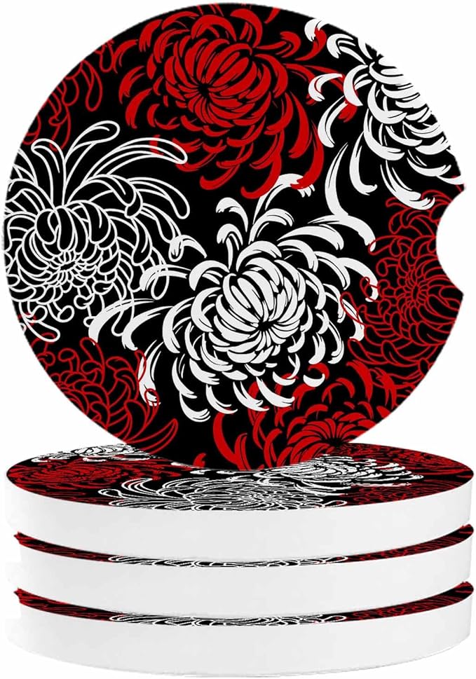 Small Car Coasters for Cup Holders 2.65" Absorbent 4 Pack Car Coaster Ceramic Stone for Drinks Absorb Water Drops Abstract Floral Red Black and White Dahlia