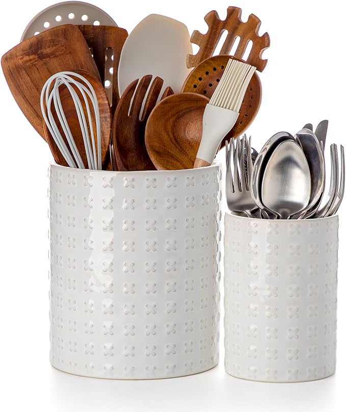 Nucookery Utensil Holder for Kitchen Counter, White Large Stable Ceramic Cooking Utensil Crock for Countertop Organizer, Farmhouse Decor, Set of 2, 7.1"&5.4", Christmas Thanksgiving Gift, X-Texture