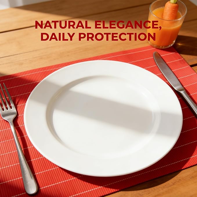 8-Pack Natural Bamboo Placemats Set - Reusable Rectangular Heat Resistant Table Mats for Everyday Use, Camping, Picnics, Party Decor - Easy to Clean & Store, Lightweight (Tangerine Orange)