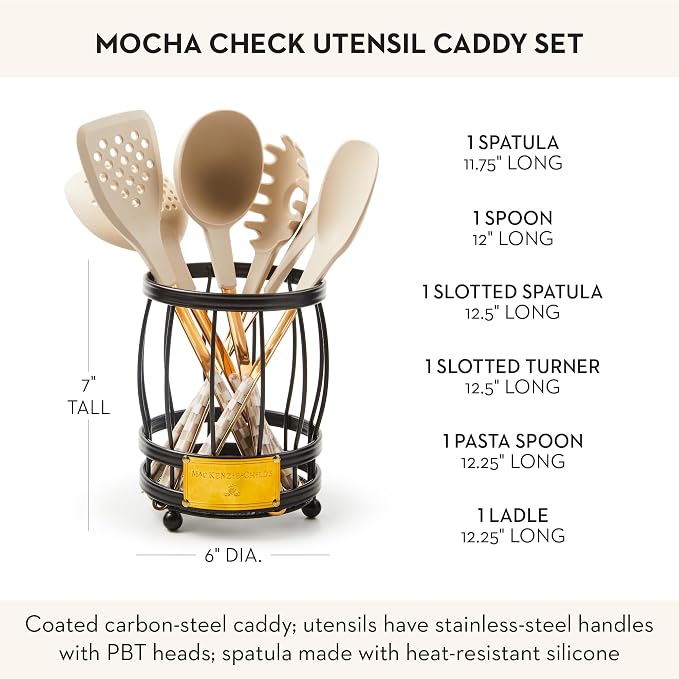 MACKENZIE-CHILDS Utensil Caddy Set with Kitchen Utensils, Brown-and-White Mocha Check