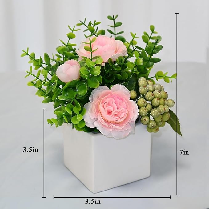 Pink Artificial Rose Eucalyptus Berry Faux Floral Table Home Bathroom Decor | Faux Floral Decor with Eucalyptus Leaves Frosted Green Berries, Small Potted Plant for Office Desk Indoor Home Decorations