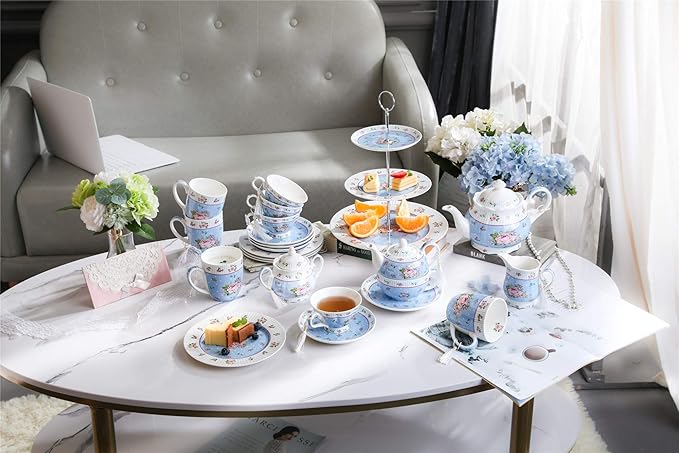 London Boutique Coffee Tea Cups and Saucers Set Afternoon Tea Vintage Flora Rose Gift Box 7.5oz (Rose Blue set 1)