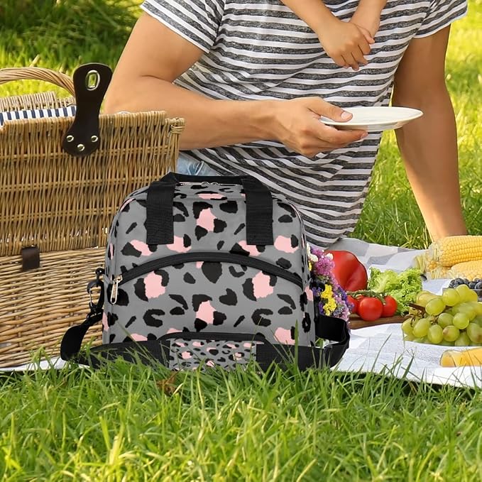 Luxury Grey Leopard Cheetah Insulated Lunch Bag for Women Men Adult Lunch Tote Bag with Shoulder Strap Reusable Lunch Box Large Containers Thermal Cooler Bag for Work School Picnic Lightweight Handbag