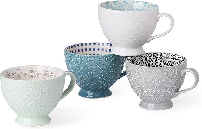 SIGNATURE HOUSEWARES Pad Print Set of 4 Assorted Footed 14oz Mugs, PP13 Multicolor