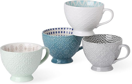 SIGNATURE HOUSEWARES Pad Print Set of 4 Assorted Footed 14oz Mugs, PP13 Multicolor