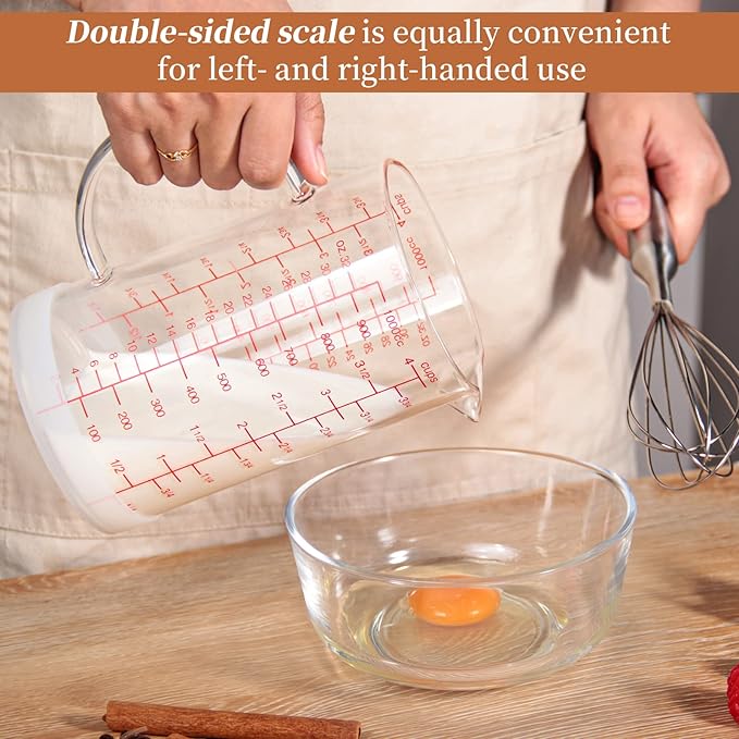 Newness Glass Measuring Cup with Handle, 1000 ML (1 Liter, 4 Cup) Double-Sided Scale Measuring Cup with Three Scales (OZ, Cup, ML/CC) and V-Shaped Spout, Measuring Beaker for Kitchen or Restaurant